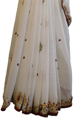 SMSAREE White Designer Wedding Partywear Georgette Thread Zari Stone Bullion & Cutdana Hand Embroidery Work Bridal Saree Sari With Blouse Piece E646