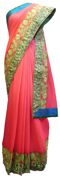 SMSAREE Pink Designer Wedding Partywear Chiffon Thread & Zari Hand Embroidery Work Bridal Saree Sari With Blouse Piece E647
