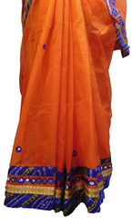 SMSAREE Orange Designer Wedding Partywear Supernet (Cotton) Thread Mirror & Zari Hand Embroidery Work Bridal Saree Sari With Blouse Piece E649