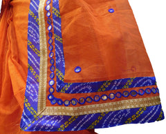 SMSAREE Orange Designer Wedding Partywear Supernet (Cotton) Thread Mirror & Zari Hand Embroidery Work Bridal Saree Sari With Blouse Piece E649