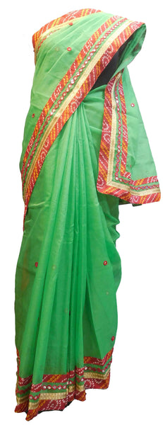SMSAREE Green Designer Wedding Partywear Supernet (Cotton) Thread Mirror & Zari Hand Embroidery Work Bridal Saree Sari With Blouse Piece E650