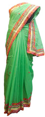 SMSAREE Green Designer Wedding Partywear Supernet (Cotton) Thread Mirror & Zari Hand Embroidery Work Bridal Saree Sari With Blouse Piece E650