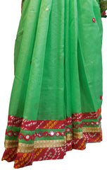 SMSAREE Green Designer Wedding Partywear Supernet (Cotton) Thread Mirror & Zari Hand Embroidery Work Bridal Saree Sari With Blouse Piece E650