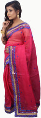 SMSAREE Pink Designer Wedding Partywear Supernet (Cotton) Thread Mirror & Zari Hand Embroidery Work Bridal Saree Sari With Blouse Piece E651