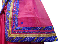 SMSAREE Pink Designer Wedding Partywear Supernet (Cotton) Thread Mirror & Zari Hand Embroidery Work Bridal Saree Sari With Blouse Piece E651