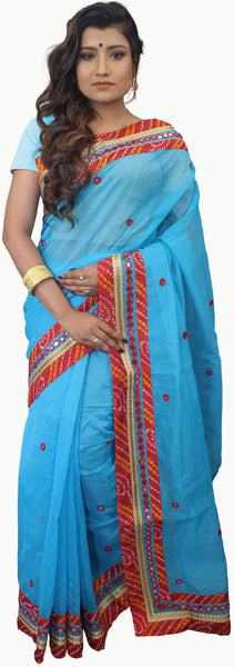 SMSAREE Blue Designer Wedding Partywear Supernet (Cotton) Thread Mirror & Zari Hand Embroidery Work Bridal Saree Sari With Blouse Piece E652