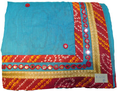 SMSAREE Blue Designer Wedding Partywear Supernet (Cotton) Thread Mirror & Zari Hand Embroidery Work Bridal Saree Sari With Blouse Piece E652