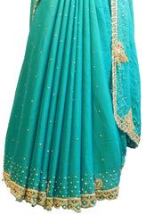SMSAREE Turquoise Designer Wedding Partywear Crepe (Rangoli) Zari Stone Bullion & Beads Hand Embroidery Work Bridal Saree Sari With Blouse Piece E654