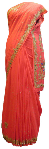 SMSAREE Red Designer Wedding Partywear Georgette Thread Zari Stone Beads & Cutdana Hand Embroidery Work Bridal Saree Sari With Blouse Piece E655