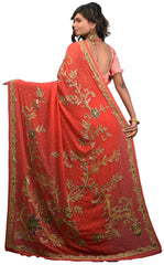 SMSAREE Red Designer Wedding Partywear Georgette Thread Zari Stone Beads & Cutdana Hand Embroidery Work Bridal Saree Sari With Blouse Piece E655