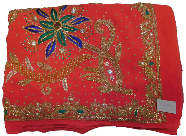 SMSAREE Red Designer Wedding Partywear Georgette Thread Zari Stone Beads & Cutdana Hand Embroidery Work Bridal Saree Sari With Blouse Piece E655