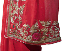 SMSAREE Red Designer Wedding Partywear Georgette (Viscos) Thread Zari Stone Bullion & Cutdana Hand Embroidery Work Bridal Saree Sari With Blouse Piece E668