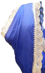 SMSAREE Blue Designer Wedding Partywear Satin Silk Zari Stone Mirror Beads Bullion & Cutdana Hand Embroidery Work Bridal Saree Sari With Blouse Piece E669
