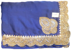 SMSAREE Blue Designer Wedding Partywear Satin Silk Zari Stone Mirror Beads Bullion & Cutdana Hand Embroidery Work Bridal Saree Sari With Blouse Piece E669