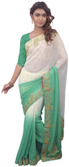 SMSAREE White & Green Designer Wedding Partywear Georgette Thread Stone & Cutdana Hand Embroidery Work Bridal Saree Sari With Blouse Piece E670