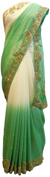SMSAREE White & Green Designer Wedding Partywear Georgette Thread Stone & Cutdana Hand Embroidery Work Bridal Saree Sari With Blouse Piece E670
