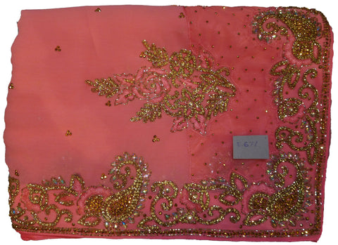 SMSAREE Pink & Grey Designer Wedding Partywear Georgette Thread Stone & Cutdana Hand Embroidery Work Bridal Saree Sari With Blouse Piece E671