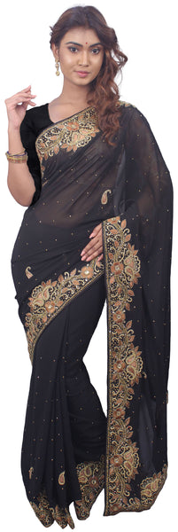 SMSAREE Black Designer Wedding Partywear Georgette Thread Stone & Cutdana Hand Embroidery Work Bridal Saree Sari With Blouse Piece E672
