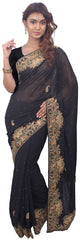 SMSAREE Black Designer Wedding Partywear Georgette Thread Stone & Cutdana Hand Embroidery Work Bridal Saree Sari With Blouse Piece E672