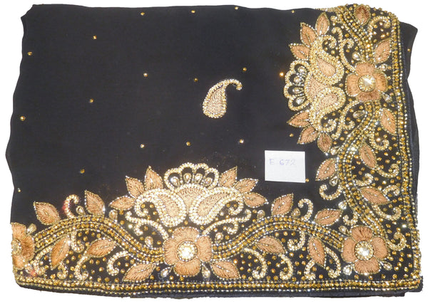 SMSAREE Black Designer Wedding Partywear Georgette Thread Stone & Cutdana Hand Embroidery Work Bridal Saree Sari With Blouse Piece E672