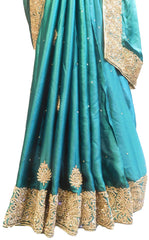 SMSAREE Turquoise Designer Wedding Partywear Pure Satin Silk Stone & Bullion Hand Embroidery Work Bridal Saree Sari With Blouse Piece E673