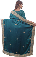 SMSAREE Turquoise Designer Wedding Partywear Pure Satin Silk Stone & Bullion Hand Embroidery Work Bridal Saree Sari With Blouse Piece E673