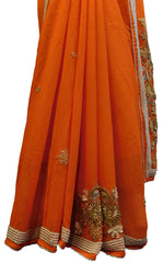 SMSAREE Orange Designer Wedding Partywear Georgette (Viscos) ThreadZari Stone Beads & Cutdana Hand Embroidery Work Bridal Saree Sari With Blouse Piece E674