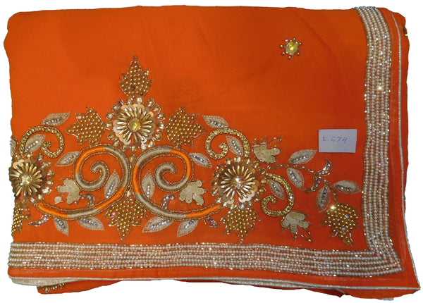 SMSAREE Orange Designer Wedding Partywear Georgette (Viscos) ThreadZari Stone Beads & Cutdana Hand Embroidery Work Bridal Saree Sari With Blouse Piece E674