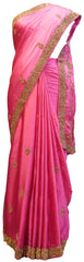 SMSAREE Pink Designer Wedding Partywear Pure Satin Silk Stone & Bullion Hand Embroidery Work Bridal Saree Sari With Blouse Piece E675