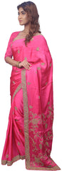 SMSAREE Pink Designer Wedding Partywear Pure Satin Silk Stone & Bullion Hand Embroidery Work Bridal Saree Sari With Blouse Piece E675