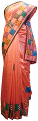 SMSAREE Peach Designer Wedding Partywear Silk Thread & Aplick Work Hand Embroidery Work Bridal Saree Sari With Blouse Piece E682