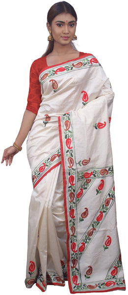 SMSAREE White Designer Wedding Partywear Silk Thread Hand Embroidery Work Bridal Saree Sari With Blouse Piece E683