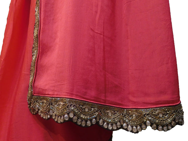 SMSAREE Pink Designer Wedding Partywear Crepe (Chinon) Cutdana Bullion Beads & Sequence Hand Embroidery Work Bridal Saree Sari With Blouse Piece E690