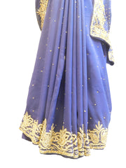 SMSAREE Blue Designer Wedding Partywear Georgette Stone & Cutdana Hand Embroidery Work Bridal Saree Sari With Blouse Piece E691