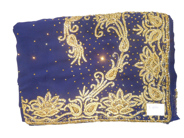 SMSAREE Blue Designer Wedding Partywear Georgette Stone & Cutdana Hand Embroidery Work Bridal Saree Sari With Blouse Piece E691