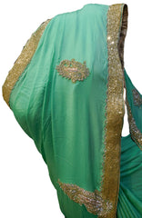 SMSAREE Green Designer Wedding Partywear Crepe (Chinon) ZariCutdana Bullion Beads & Stone Hand Embroidery Work Bridal Saree Sari With Blouse Piece E692