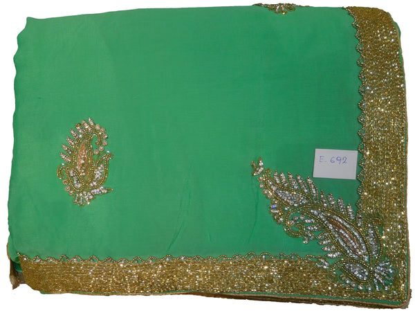 SMSAREE Green Designer Wedding Partywear Crepe (Chinon) ZariCutdana Bullion Beads & Stone Hand Embroidery Work Bridal Saree Sari With Blouse Piece E692