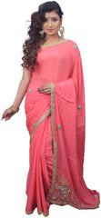 SMSAREE Pink Designer Wedding Partywear Crepe (Chinon) ZariCutdana Beads & Stone Hand Embroidery Work Bridal Saree Sari With Blouse Piece E693