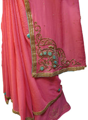 SMSAREE Pink Designer Wedding Partywear Crepe (Chinon) ZariCutdana Beads & Stone Hand Embroidery Work Bridal Saree Sari With Blouse Piece E693
