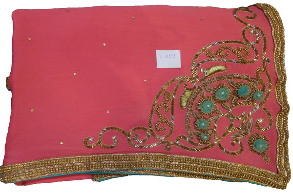 SMSAREE Pink Designer Wedding Partywear Crepe (Chinon) ZariCutdana Beads & Stone Hand Embroidery Work Bridal Saree Sari With Blouse Piece E693