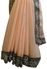 SMSAREE Pink Designer Wedding Partywear Crepe (Chinon) ZariThread Bullion Stone & Sequence Hand Embroidery Work Bridal Saree Sari With Blouse Piece E694