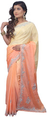 SMSAREE Peach & Yellow Designer Wedding Partywear Crepe (Chinon) Stone & Cutdana Hand Embroidery Work Bridal Saree Sari With Blouse Piece E696
