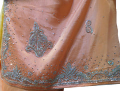SMSAREE Peach & Yellow Designer Wedding Partywear Crepe (Chinon) Stone & Cutdana Hand Embroidery Work Bridal Saree Sari With Blouse Piece E696
