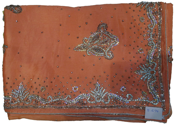 SMSAREE Peach & Yellow Designer Wedding Partywear Crepe (Chinon) Stone & Cutdana Hand Embroidery Work Bridal Saree Sari With Blouse Piece E696