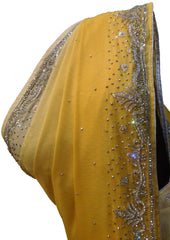SMSAREE Yellow Designer Wedding Partywear Crepe (Chinon) Stone & Cutdana Hand Embroidery Work Bridal Saree Sari With Blouse Piece E698