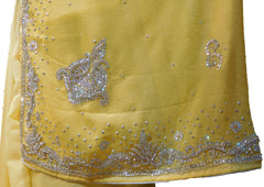 SMSAREE Yellow Designer Wedding Partywear Crepe (Chinon) Stone & Cutdana Hand Embroidery Work Bridal Saree Sari With Blouse Piece E698