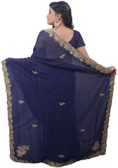 SMSAREE Blue Designer Wedding Partywear Georgette Stone Thread & Cutdana Hand Embroidery Work Bridal Saree Sari With Blouse Piece E700