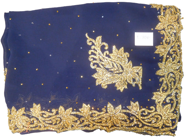 SMSAREE Blue Designer Wedding Partywear Georgette Stone Thread & Cutdana Hand Embroidery Work Bridal Saree Sari With Blouse Piece E700