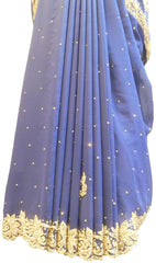 SMSAREE Blue Designer Wedding Partywear Georgette Stone Thread & Cutdana Hand Embroidery Work Bridal Saree Sari With Blouse Piece E700