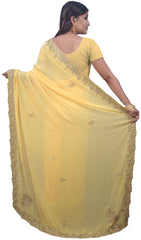 SMSAREE Yellow Designer Wedding Partywear Georgette Stone Thread & Cutdana Hand Embroidery Work Bridal Saree Sari With Blouse Piece E701